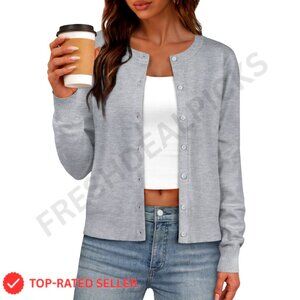 Lightweight Cardigan Crew Neck Long Sleeve Button Down Knit Top Chic Layering